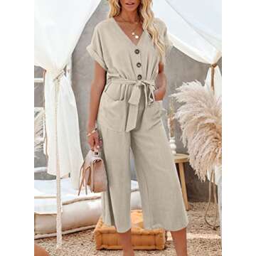 Acelitt Women's Beige V Neck Short Sleeve Jumpsuit