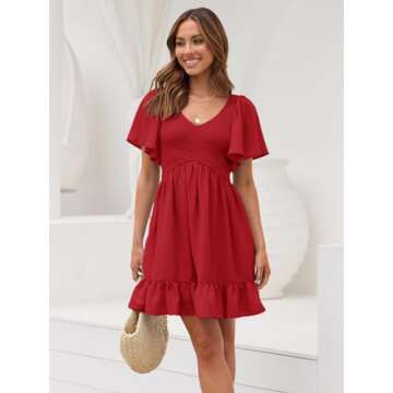LILLUSORY Women's Flowy Casual Mini Dresses 2025 Summer Smocked V Neck Flutter Sleeve Graduation Dress with Pockets Red L