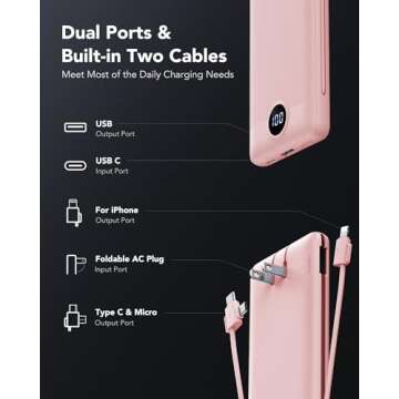 VRURC Portable Charger Power Bank with Built-in Cables - Fast Charging 10,000mAh