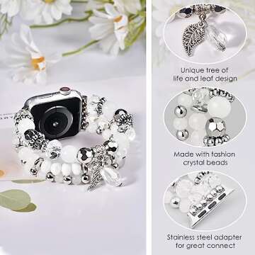 V-MORO Beaded Boho Bracelet Compatible with Apple Watch Band 38mm/40mm/41mm/42mm(Series 10) Women Series 9 8 7 6 SE 5 4 Fashion Cute Handmade Stretch Watch Strap for iWatch Band Series 3 2 1 (Clear White)
