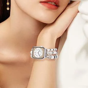 V-MORO Beaded Boho Bracelet Compatible with Apple Watch Band 38mm/40mm/41mm/42mm(Series 10) Women Series 9 8 7 6 SE 5 4 Fashion Cute Handmade Stretch Watch Strap for iWatch Band Series 3 2 1 (Clear White)