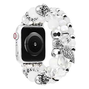 V-MORO Beaded Boho Bracelet Compatible with Apple Watch Band 38mm/40mm/41mm/42mm(Series 10) Women Series 9 8 7 6 SE 5 4 Fashion Cute Handmade Stretch Watch Strap for iWatch Band Series 3 2 1 (Clear White)