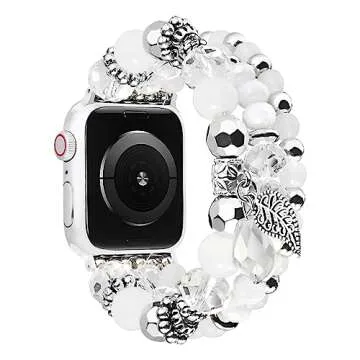 V-MORO Beaded Boho Bracelet Compatible with Apple Watch Band 38mm/40mm/41mm/42mm(Series 10) Women Series 9 8 7 6 SE 5 4 Fashion Cute Handmade Stretch Watch Strap for iWatch Band Series 3 2 1 (Clear White)