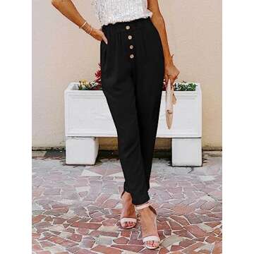 NIMIN High Waisted Work Pants for Women Comfy Dress Pants Business Casual Pants Pull On Linen Office Paper Bag Pants Slacks with Pockets Black Small