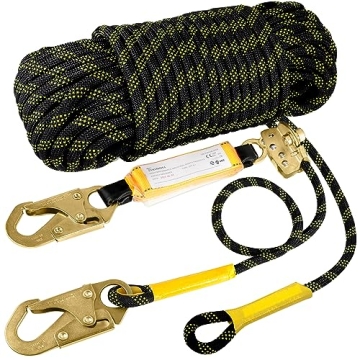 TRSMIMA Rope Harness Safety Lanyard: 25ft Vertical Roofing Rope With Grab Snap Hooks Shock Absorber ...