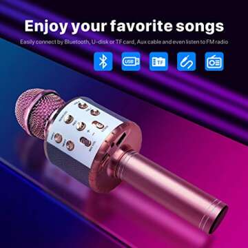 Bluetooth Wireless Karaoke Microphone with LED Light for Kids and Adults, 4 in 1 Portable Handheld Mic (Rose Gold)