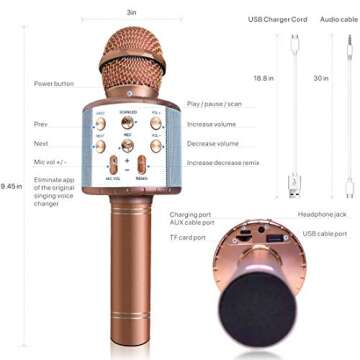 Bluetooth Wireless Karaoke Microphone with LED Light for Kids and Adults, 4 in 1 Portable Handheld Mic (Rose Gold)