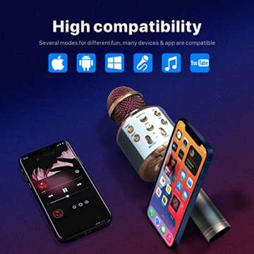 Bluetooth Wireless Karaoke Microphone with LED Light for Kids and Adults, 4 in 1 Portable Handheld Mic (Rose Gold)