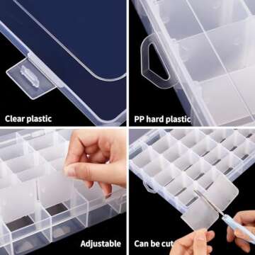 OUTUXED 36 Grids Clear Plastic Organizer Box with Adjustable Compartment Dividers Rock Collection Box for Bead, Nails, Jewelry, Art, DIY Crafts, Fishing Tackle, Small Items Organizers and Storage