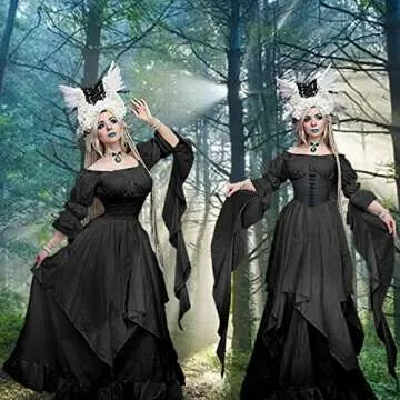 YEAXLUD Women's High Low Victorian Dress Puff Sleeve Off Shoulder Ruffle Medieval Costume for Women Renaissance Dress (S, Black)