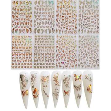 NAIL ANGEL 8Sheets Nail Art Adhesive Sticker Sheets Different Laser Gold and Silver Color Butterfly ...