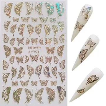 NAIL ANGEL 8Sheets Nail Art Adhesive Sticker Sheets Different Laser Gold and Silver Color Butterfly Shapes Nail Art Decoration 10238
