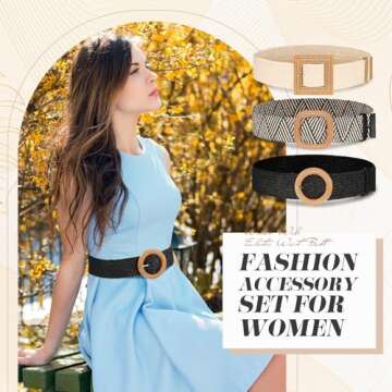 Syhood Stylish Straw Woven Elastic Waist Belts Set