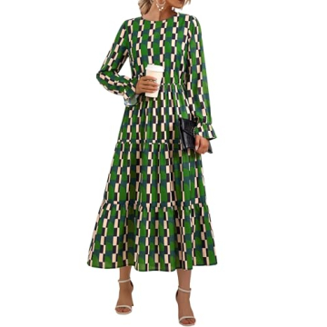 KIRUNDO Womens Fall Dresses Long Sleeve Midi Dress Boho Floral Print Crewneck Casual Wedding Guest D...