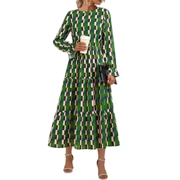 KIRUNDO Womens Fall Dresses Long Sleeve Midi Dress Boho Floral Print Crewneck Casual Wedding Guest D...