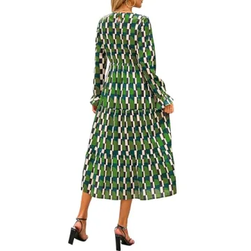 KIRUNDO Womens Fall Dresses Long Sleeve Midi Dress Boho Floral Print Crewneck Casual Wedding Guest Dress with Pockets(Green, Large)