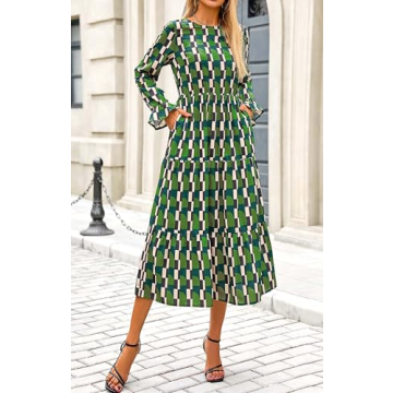 KIRUNDO Womens Fall Dresses Long Sleeve Midi Dress Boho Floral Print Crewneck Casual Wedding Guest Dress with Pockets(Green, Large)
