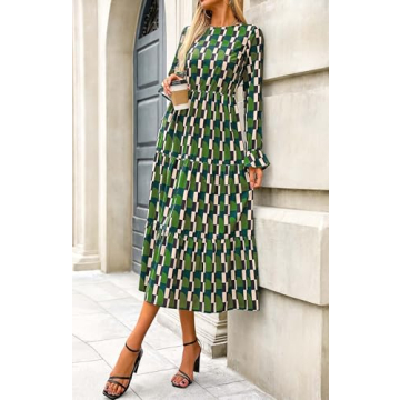 KIRUNDO Womens Fall Dresses Long Sleeve Midi Dress Boho Floral Print Crewneck Casual Wedding Guest Dress with Pockets(Green, Large)