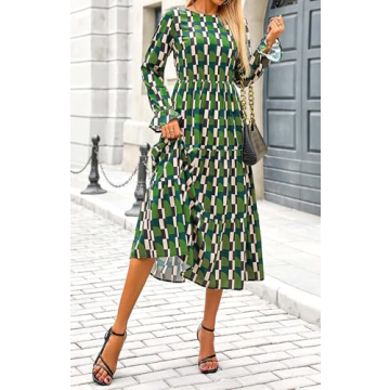 KIRUNDO Womens Fall Dresses Long Sleeve Midi Dress Boho Floral Print Crewneck Casual Wedding Guest Dress with Pockets(Green, Large)