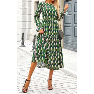KIRUNDO Womens Fall Dresses Long Sleeve Midi Dress Boho Floral Print Crewneck Casual Wedding Guest Dress with Pockets(Green, Large)