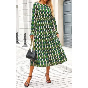 KIRUNDO Womens Fall Dresses Long Sleeve Midi Dress Boho Floral Print Crewneck Casual Wedding Guest Dress with Pockets(Green, Large)