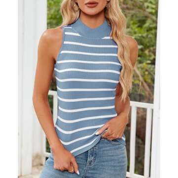 BellaDila Womens Striped Tank Tops Ribbed Knit Slim Fit High Neck Sleeveless Shirts Casual Basic Top for Women 2024 Blue