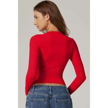 QINSEN Double Lined Fitted Tops for Women Round Neck Long Sleeve Slim Fit Shirts Side Ruched Stylish...