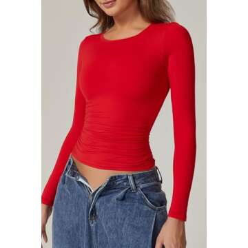 QINSEN Double Lined Fitted Tops for Women Round Neck Long Sleeve Slim Fit Shirts Side Ruched Stylish Tees Red M