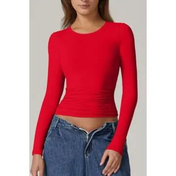 QINSEN Double Lined Fitted Tops for Women Round Neck Long Sleeve Slim Fit Shirts Side Ruched Stylish Tees Red M