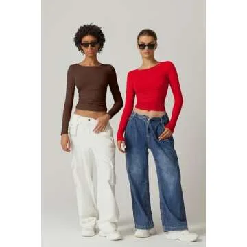 QINSEN Double Lined Fitted Tops for Women Round Neck Long Sleeve Slim Fit Shirts Side Ruched Stylish Tees Red M