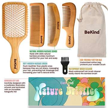 BeKind Nature Bristles (4 pcs) Wooden Hair Brush Paddle Detangling and Hair Comb Kit with Wooden Bri...