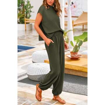 PRETTYGARDEN Womens Two Piece Outfits Sweater Sets Knit Pullover Tops And High Waisted Pants Matching Tracksuit Sweatsuit Set (Army Green,Large)