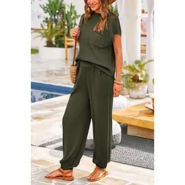 PRETTYGARDEN Womens Two Piece Outfits Sweater Sets Knit Pullover Tops And High Waisted Pants Matching Tracksuit Sweatsuit Set (Army Green,Large)