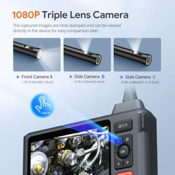Triple Lens Borescope Tool, DEPSTECH 5" IPS Screen Endoscope Camera with Lights, 1080P Sewer Inspect...