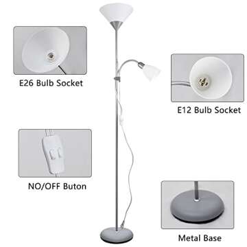 DINGLILIGHTING LED Floor Lamp DLLT Mother-Daughter Floor Lamps with Reading Lights, Modern Standing Pole Light, Torchiere Free Standing Lamp for Living Room, Bedroom, Office (Silver)