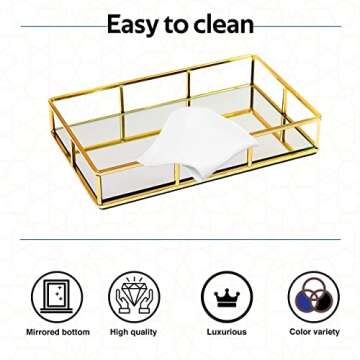 JollyCaper-Gold Tray-Gold Tray Decorative-Perfume Tray-Vanity Tray for Vanity Accessories and Gold Room Decor, Mirror Tray in Rectangle Design-Jewelry Tray, Makeup Tray-Gold Bathroom Tray-Candle Tray