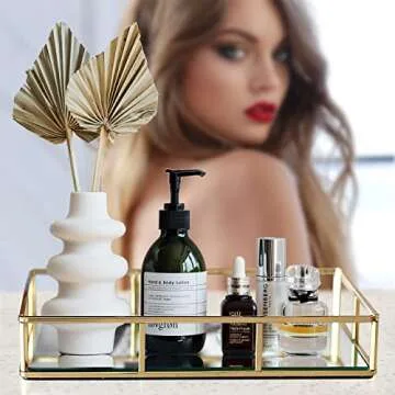 JollyCaper-Gold Tray-Gold Tray Decorative-Perfume Tray-Vanity Tray for Vanity Accessories and Gold Room Decor, Mirror Tray in Rectangle Design-Jewelry Tray, Makeup Tray-Gold Bathroom Tray-Candle Tray