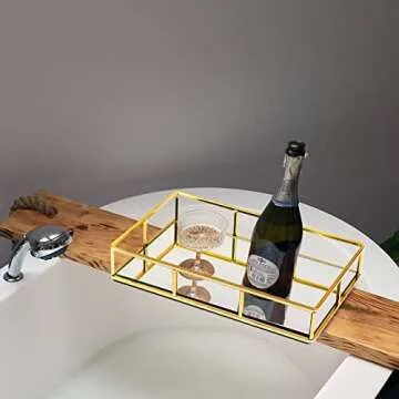 JollyCaper-Gold Tray-Gold Tray Decorative-Perfume Tray-Vanity Tray for Vanity Accessories and Gold Room Decor, Mirror Tray in Rectangle Design-Jewelry Tray, Makeup Tray-Gold Bathroom Tray-Candle Tray