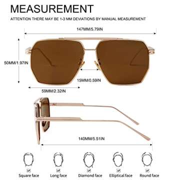 ADE WU Trendy Square Aviator Sunglasses for Women Men, Classic Polarized Oversized Aviators Sun Glasses (Gold Frame/Brown Lense)
