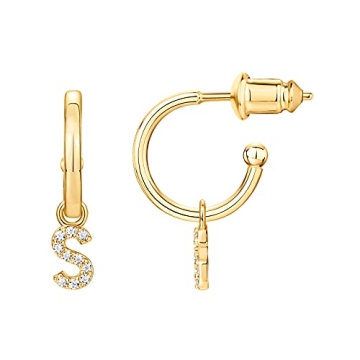 PAVOI Initial Huggie Hoop Earrings - 14K Gold Plated with Personalized Initial Dangle