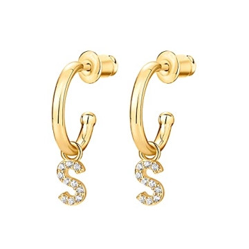 14K Gold Plated Initial Dangle Huggie Hoop Earrings