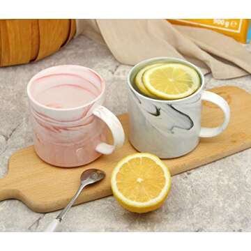 Smilatte 12 oz Stackable Coffee Mugs for Office, M101 Novelty Marble Ceramic Cup for Boy Girl lover Women Men, Set of 4, Gray