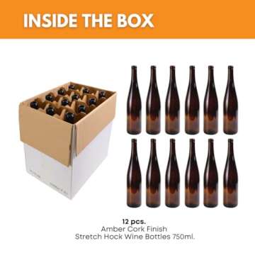 FastRack - 750 ml Amber Wine Bottles (Pack of 12), Stretch Hock Liquor Bottles, W13 Amber Glass Bott...