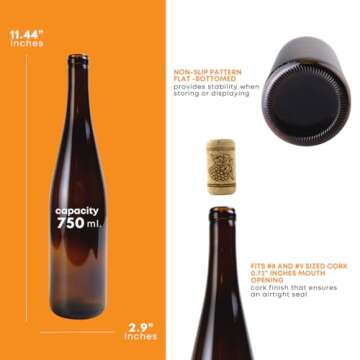 FastRack - 750 ml Amber Wine Bottles (Pack of 12), Stretch Hock Liquor Bottles, W13 Amber Glass Bottles, 750 ml Empty Bottles for Drinks, Amber Stretch Wine Bottles, 12 per Case - NO CORKS INCLUDED
