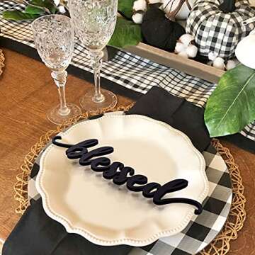 Thanksgiving Black Wooden Table Word Place Setting 5PCS Thankful Grateful Blessed Gather Home Tablescape Words Laser Cut Wood Plate Letter Sign Farmhouse Table Signs Decor Holiday Place Cards Dining