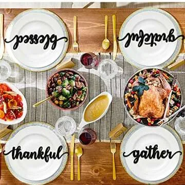 Thanksgiving Black Wooden Table Word Place Setting 5PCS Thankful Grateful Blessed Gather Home Tablescape Words Laser Cut Wood Plate Letter Sign Farmhouse Table Signs Decor Holiday Place Cards Dining