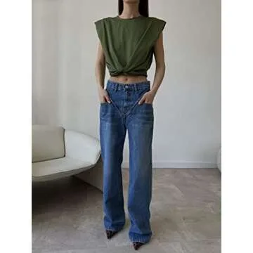 High Waist Boyfriend Jeans for Women Y2K Trendy Straight Jeans Girls Wide Leg Vintage 90s Denim Pants Streetwear Mom Jeans Blue