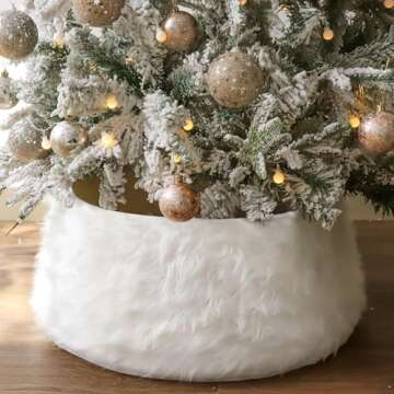 Bunny Chorus Christmas Tree Collar, Snow White Luxury Thick Plush Faux Fur Tree Collars, Rustic Xmas Tree Ring Size Adjustable Tree Cover Tree Skirt for Holiday Decorations Christmas Home Décor
