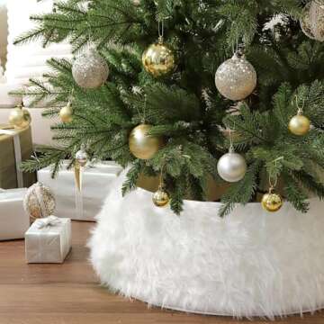 Bunny Chorus Christmas Tree Collar, Snow White Luxury Thick Plush Faux Fur Tree Collars, Rustic Xmas Tree Ring Size Adjustable Tree Cover Tree Skirt for Holiday Decorations Christmas Home Décor