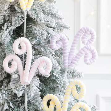 5Pcs Pastel Color Christmas Tree Picks for Christmas Tree Topper Decorations 14.5 Inch Christmas Ornaments Glitter Sequins Candy Shape Curly Picks for Xmas Tree Wreath Vase Garland Home Holiday Party